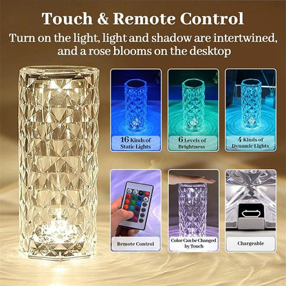 16 in 1 Touch & Remote Control Crystal Lamp - Dimmable RGB Lighting for Home & Decor
